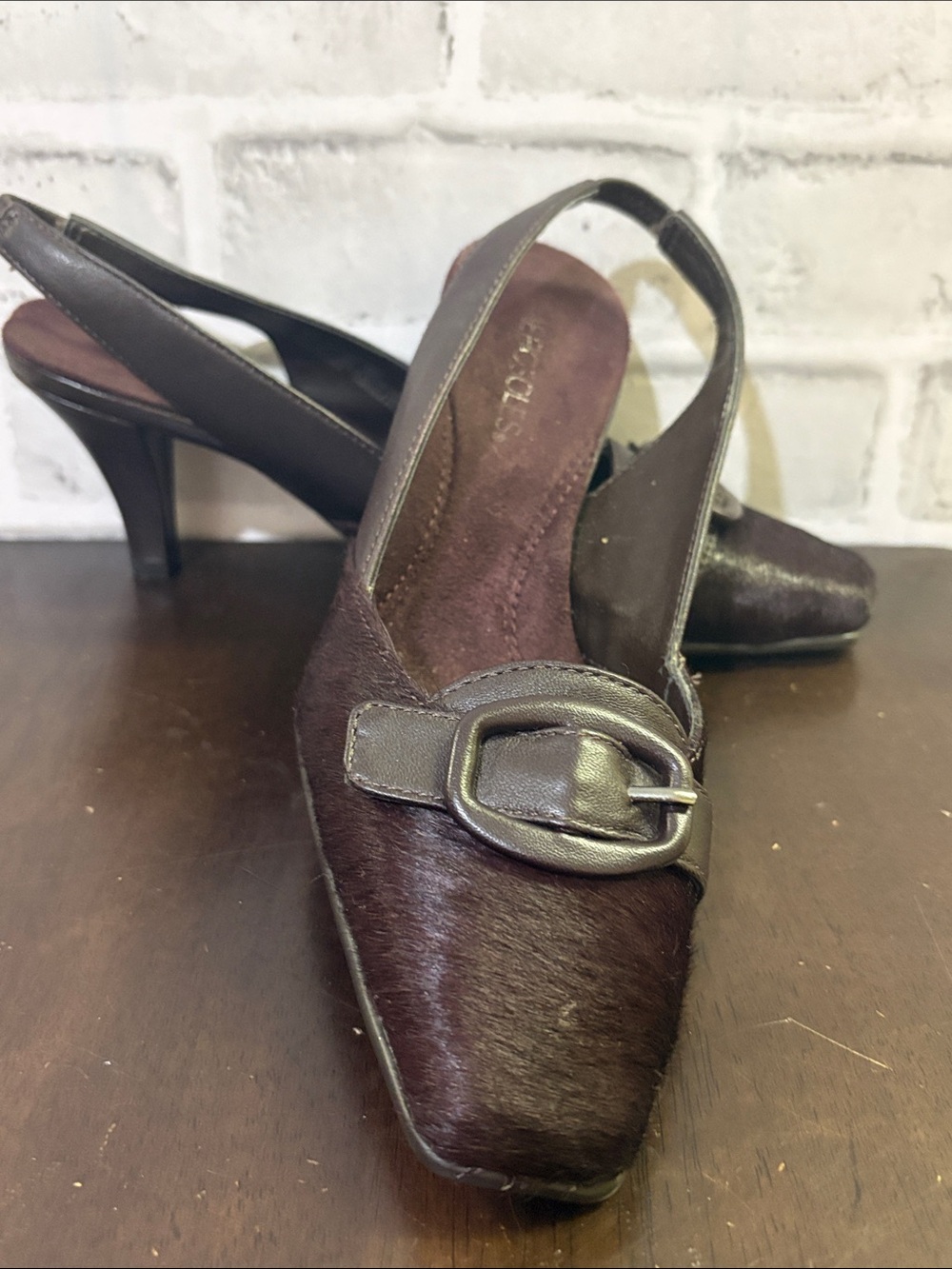 Aerosoles square-toe slingback dark purple faux fur almost brown size 8